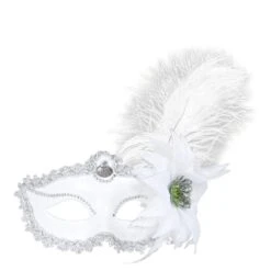 MASCHERA DOMINO BIANCO CON ROSA E PIUME