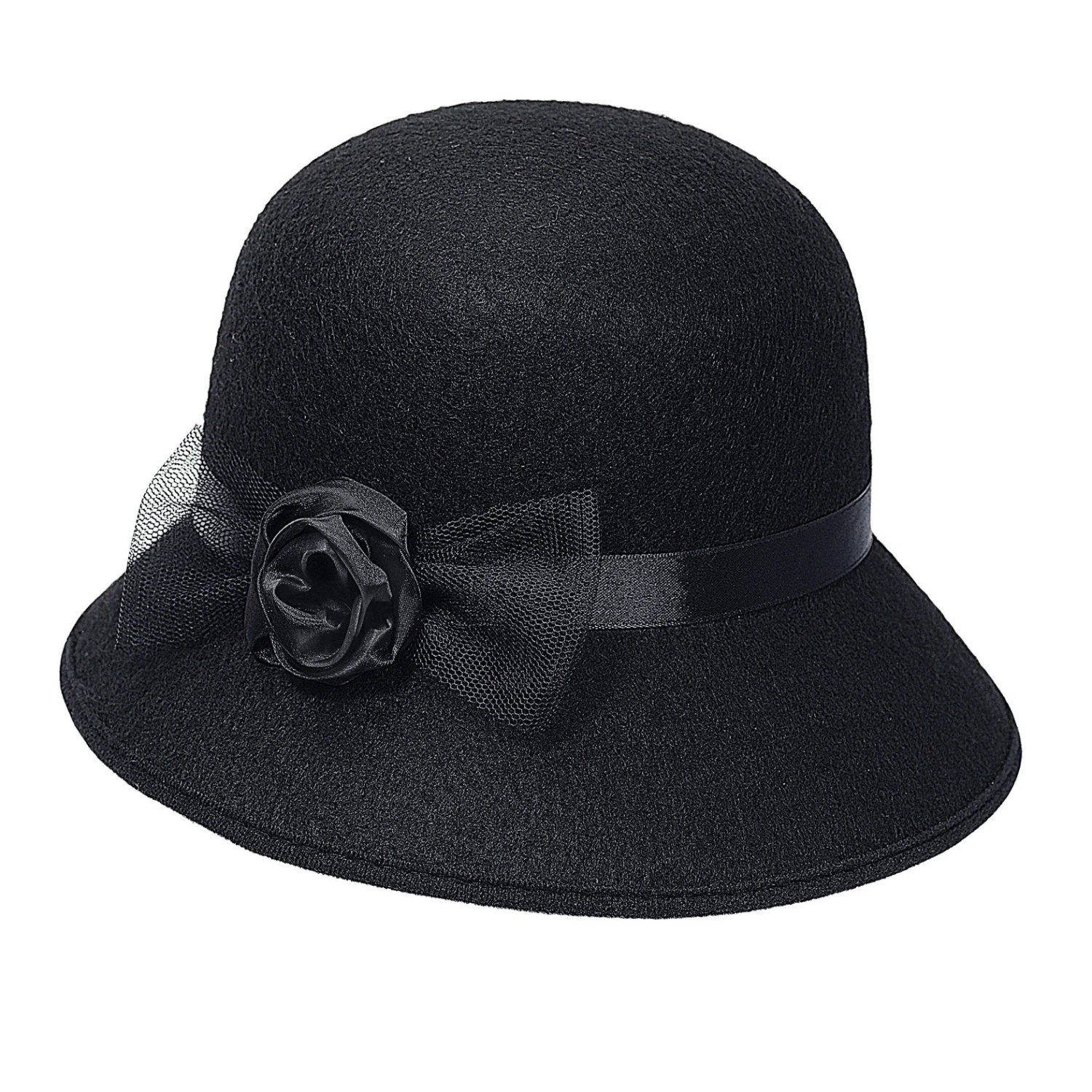 CAPPELLO CHARLESTON NERO CON FIORE 1 CAPPELLO CHARLESTON NERO CON FIORE